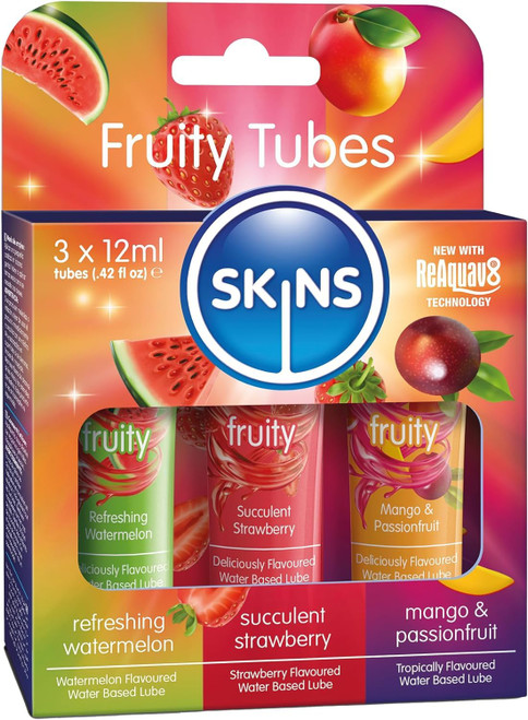 SKINS Flavored Lube Set - 3 Flavored Water Based Lubes - Fruity Edible Lubricant & Licks - Watermelon, Strawberry and Mango & Passionfruit Flavored Lube for Oral Pleasure & Intercourse SKINS Flavored Lube Set - 3 Flavored Water Based Lubes - Fruity Edible Lubricant & Licks - Watermelon, Strawberry and Mango & Passionfruit Flavored Lube for Oral Pleasure & Intercourse