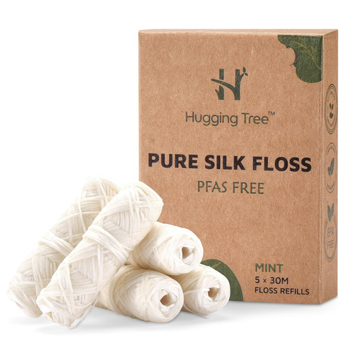 HUGGING TREE Natural Silk Dental Floss Refills | PFAS Free Dental Floss | Zero Waste Biodegradable | Mint (5 Pack, 33 Yards Each)