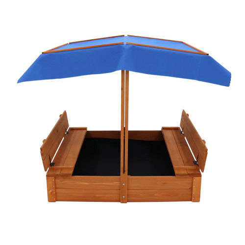 Wooden Sandbox with Cover, Sand Box with 2 Foldable Bench Seats and Bottom Liner, UV-Resistant & Adjustable Height Roof,for Backyard Garden Easy Assembly (57.3 x 47.2 x 47.2in)
