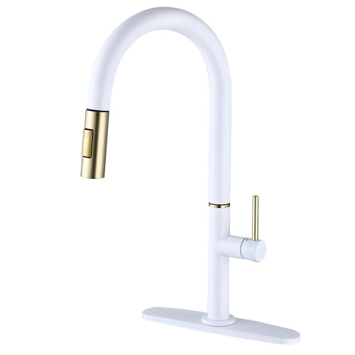 XHZSFYOU Single Handle White Kitchen Faucet with Nickel Gold Sprayer Kitchen Sink Faucets with Pull Down Sprayer Modern Faucets with Dual Function Spray