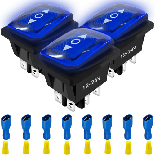 MKBKLLJY 3PCS Momentary Polarity Reverse Switch Waterproof DC 20A 12V Control Rocker Toggle Switch Double Reset 6 Pin (ON)-Off-(ON) KCD4 Blue LED Light Illuminated 8PCS Terminal Wire Wiring Cap