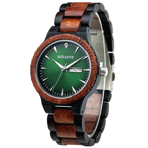 MIEASVE Men's Wood Watches Quartz Wooden Watch Japanese Movement Calendar Display Diameter 42 MM (Green Dial)