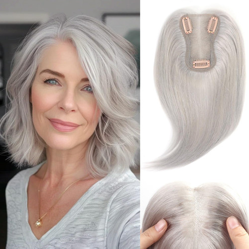 Uaismewow Hair Toppers for Women Real Human Hair Silver Grey Hair Toppers for Women with Thinning Straight Clip in Hairpieces with Natural Breathable Soft Base for Old Ladies Hairloss&Wide Part