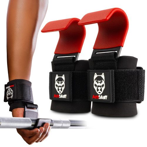 AmStaff Fitness Weight Lifting Hooks (Pair, Red) - Gym Wrist Straps with Steel Hooks for Weightlifting, Pull-Ups, Deadlifts, Strength Training, and Fitness Workouts - Adjustable Neoprene Wrist Support