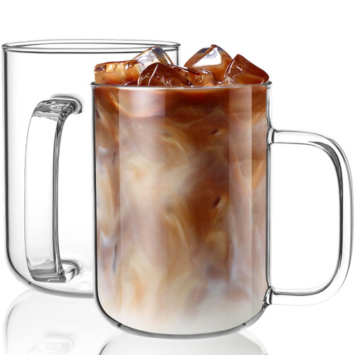 BWODYAY Glass Coffee Mugs, 20 oz Ice coffee cups, Large Clear Tea Cups Set of 2, Glass Mugs with Handles, Glass Cups for Latte, Cappuccino, and Tea