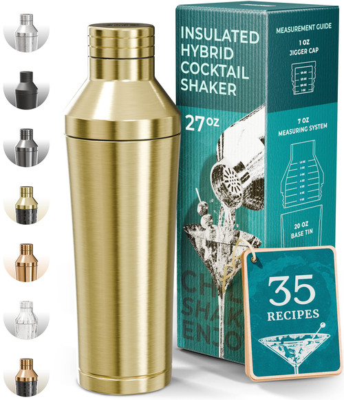 Insulated Cocktail Shaker Set | Double Wall Stainless Steel | Martini Shaker for Home Bar Bartending | Built-in Drink Measurement System & Strainer, Travel Bag, 35 Recipes | Gift Set (Gold)