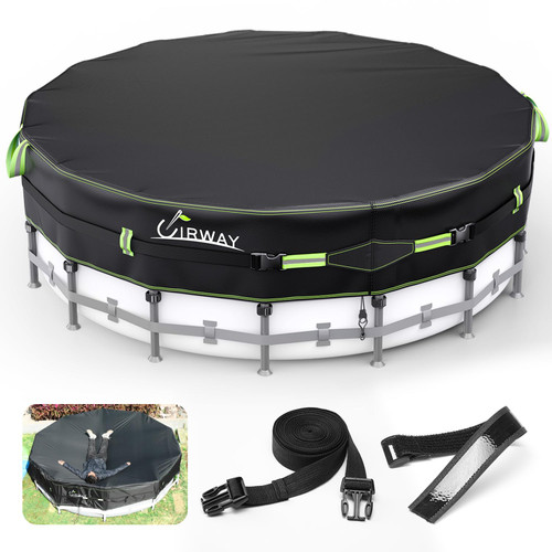 UIRWAY 500D Pool Cover 18FT Round [2025 Upgraded Heavy Duty Fabric] Solar Pool Covers for Above Ground Pools, New Super Windproof Gel-Coated Tarp Straps, Swimming Pool Covers with UV Protection