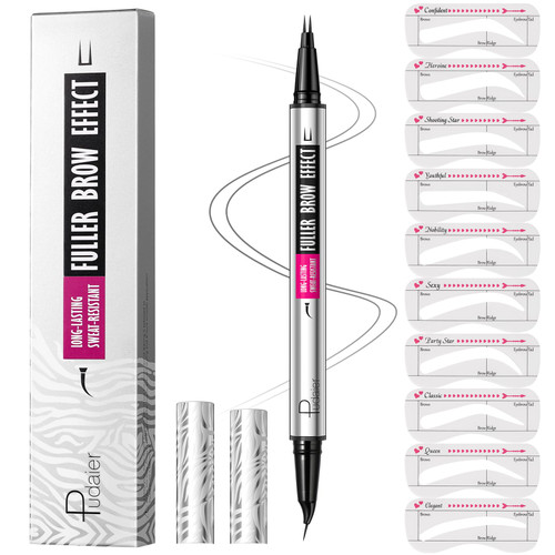 Curved Eyebrow Pencil with 10Pcs Stencils, 2-in-1 Dual-Ended Microblading Eyebrow Pen with Curved Brush-Tip and Fork-Tip for Hair-Like Brows, Waterproof Eyebrow Pencils for Women, Charcoal Grey