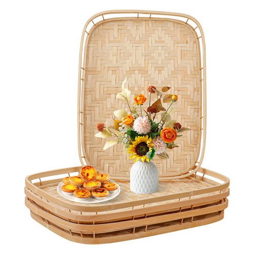 Geytetqi 4 Pack Rectangular Bamboo Wicker Woven Tray with Handle, Bamboo Wicker Serving Trays for Eating, Kitchen, Table, Party