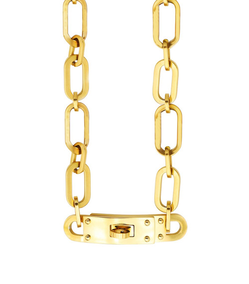 FOMCORT 18K Gold Plated Turn Lock Necklace，Classical Fashion Stainless Steel Chain Necklace for Men and Womens (Gold)