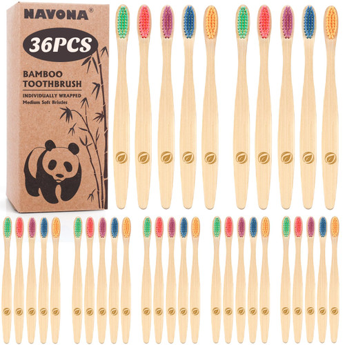 Navona 36 PCS Bamboo Toothbrushes, Kids Aged 7+ Toothbrush Pack, Eco-Friendly Natural Wooden Toothbrush Bulk, Individually Wrapped Bulk Toothbrushes，BPA Free Medium Soft Bristles