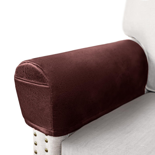 ANARACHON Leather Look Couch Arm Covers Set of 2 Armrest Covers for Sofa Chair Arm Protectors Stretch Armchair Slipcovers with Pockets Washable Spandex Fabric (Medium, Burgundy)