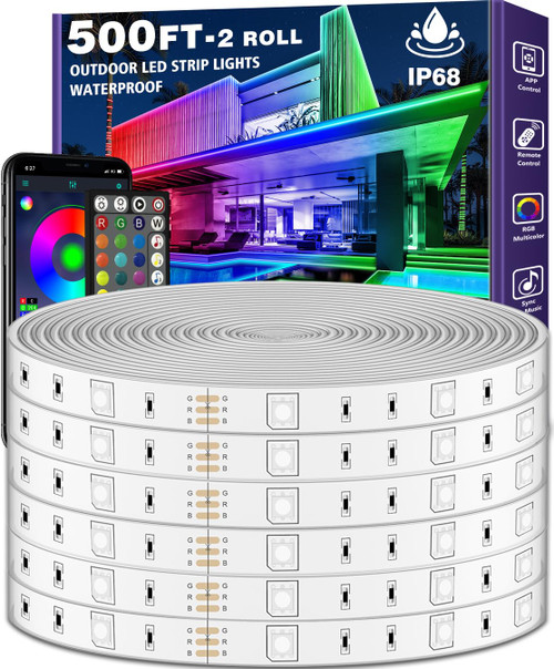 LETIANPAI 500ft Outdoor LED Strip Lights Waterproof,IP68 Outside Led Light Strips Waterproof with App and Remote,Music Sync RGB Exterior Led Rope Lights with Self Adhesive Back for Roof,Deck,Balcony