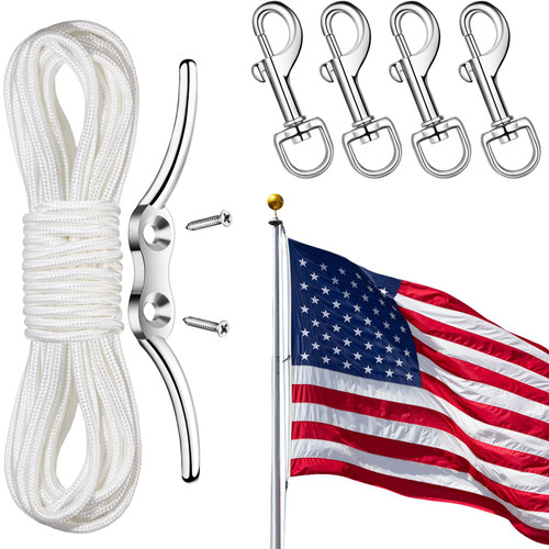 Flag Pole Rope Kit Flag Pole Hardware Parts Repair Kit Flag Pole Rope with Rope Cleat Hook and 4 Pcs Zinc Alloy Swivel Snap Clips for Outdoor Flag Pole Accessories Clothesline Swing Camping(50 ft)