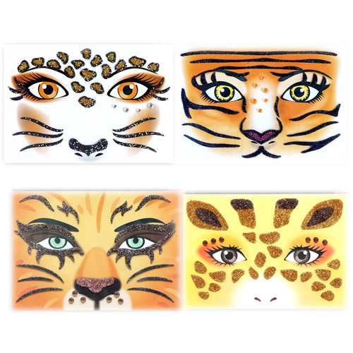 Nirbffo Animal Face Sticker Leopard Tiger Lion Giraffe Floral Festival Body Paint Decoration Stickers for Halloween Stage Performance Face Stickers 4sheets