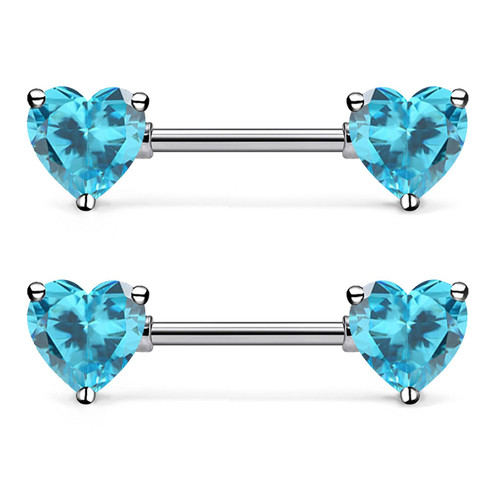 Gnznzko 14G ASTM F136 Titanium Nipple Piercing Jewelry - Heart Sea Blue CZ Barbell, Internally Threaded G23 Solid Titanium Rings for Women Men 14 Gauge