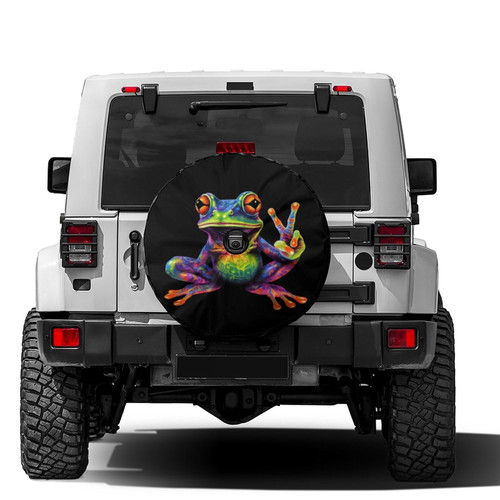 Delerain Spare Tire Cover with Backup Camera Hole Colorful Peace Frog Wheel Covers Waterproof Dust-Proof UV Sun Universal Fit for Trailer RV SUV Truck (17 Inch for Diameter 31"-33")
