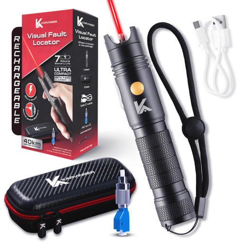 Karvinger - Powerful Rechargeable Visual Fault Locator 40km with Case - VFL Tester with FC Male to LC Female Adapter - 7h Battery Life Red Light Pen for Fiber Network Cable Test