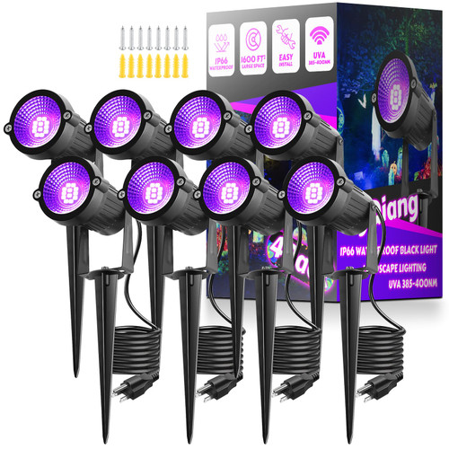 8 Pack Black Lights, IP66 Flood Light 15W LED Blacklight Glow Party Outdoor Spotlight with On/Off Switch + Plug + Metal Stakes for Landscape Lighting, Xmas, Body Paint, Fluorescent Poster, Halloween