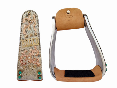 CHALLENGER Horse Western Saddle Rodeo Floral Engraved Turquoise Stone Angled Stirrups 51246