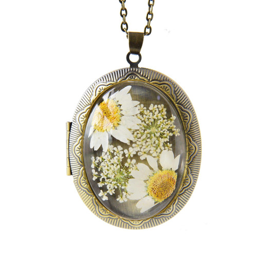 THSOGO Vintage Photo Locket Necklace Handmade Pressed Flower Locket Necklace for Women Girl (White Daisy)