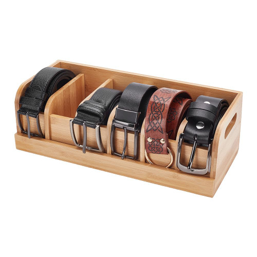 BENECREAT 13.7x5.9x3.9Inch Wooden Belt Organizer Box, Belt Organizer Holder with 6 Compartments, Belt Organizer for Closet and Drawer Organizers, Belt Storage Display Stands