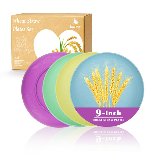 SINOGE Wheat Straw Plates Set for 4, Unbreakable 9 Inch Deep Plates, Dishwasher and Microwave Safe Kids Dinner Plates, Lightweight Colorful Plastic Plates Reusable for Kitchen- Pastel Feast