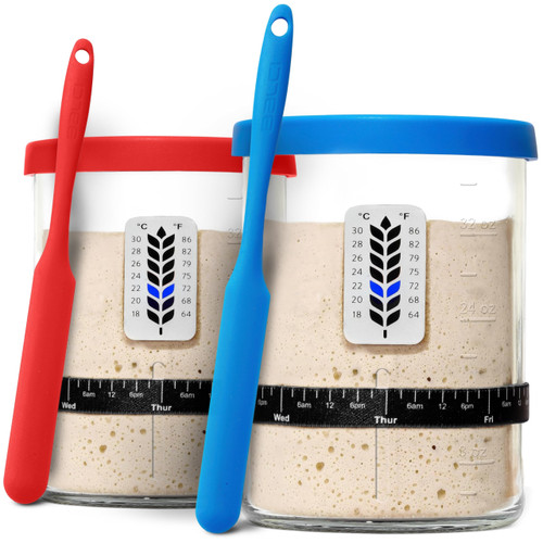Premium Sourdough Starter Jar - 40oz Large Sourdough Jar with Marked Feeding Band, Thermometer, Scraper, Cloth Cover and Silicone Lid/Base, Wide Mouth Starter Kit - Blue/Red