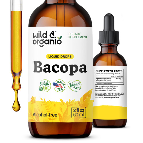 Wild & Organic Bacopa Tincture - Supports Calm, Focus, Clarity - Bacopa Monnieri Supplement Liquid - Alcohol-Free Drops with Brahmi Extract - Vegan, Sugar-Free - 2-Month Supply - 2 fl oz