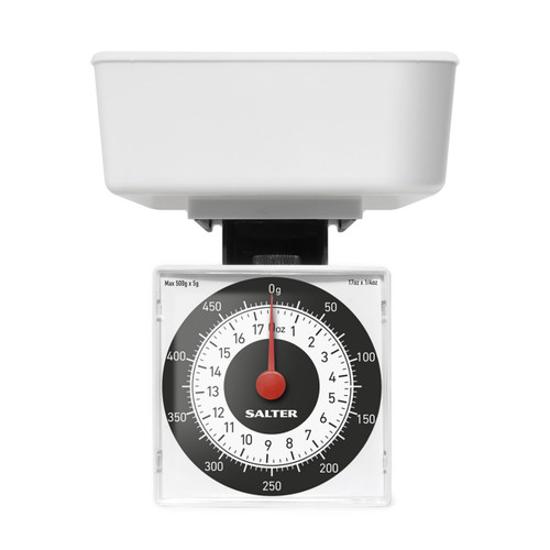 Salter Dietary Mechanical Kitchen Scales – 500g Capacity, Weigh in 5g Increments for Precise Portion Control, Scale Fits Inside Pan, Compact + Ideal for Travel, 15 Year Guarantee - White