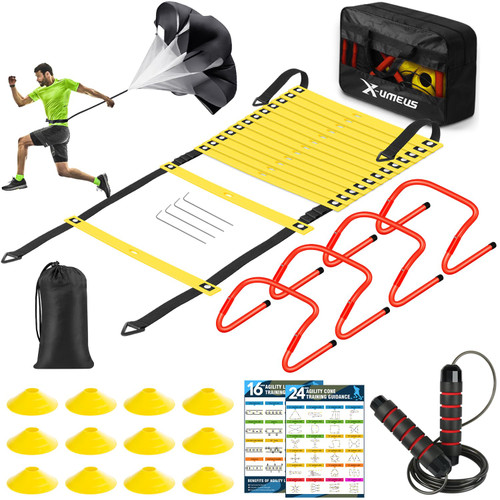 X-UMEUS Agility Ladder Speed Training Equipment Set-20ft Agility Ladder,12 Soccer Cones,4 Hurdles, Jump Rope, Running Parachute| Basketball Football Soccer Training Equipment for Kids Youth Adults X-UMEUS Agility Ladder Speed Training Equipment Set-20ft Agility Ladder,12 Soccer Cones,4 Hurdles, Jump Rope, Running Parachute| Basketball Football Soccer Training Equipment for Kids Youth Adults