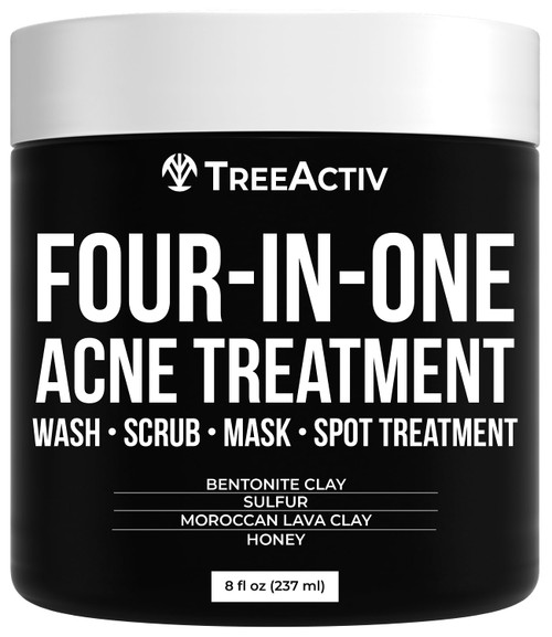 TreeActiv Four-in-One Acne Treatment | Wash, Scrub, Mask, and Spot Treatment | Heals Rosacea | Exfoliating Sugar | Face or Body | Natural Sulfur Clear Skin Cleanser | Bentonite (8 Ounce)