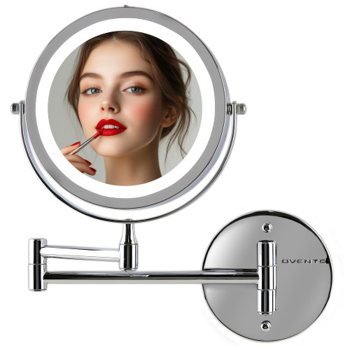 OVENTE Wall Mounted Lighted Makeup Mirror, 7" Double Sided 1X/10X Magnifying Vanity Mirror for Bathroom with LED Lights, Cordless, 360° Rotation and 13" Extendable Arm, Polished Chrome MFW70CH1X10X