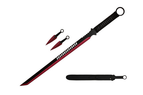 Wartech K1020-65-RD 440 Stainless Steel Full Tang Blade Ninja Hunting Machete Sword with Throwing Knives (2 Piece), 27", Red