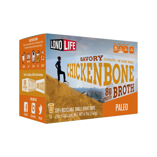 LonoLife Chicken Bone Broth Powder Mix | 10g Protein | Collagen-Rich, Keto & Paleo Friendly | Natural Ingredients | 10 Single-Serve Cups