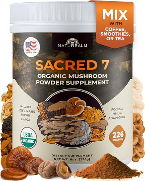 Sacred 7 Mushroom Coffee Booster | Organic Mushroom Supplement Powder – Lions Mane, Reishi, Chaga & More | Adaptogen + Nootropic | 100% Fruiting Bodies | Mix with Coffee,Tea, Smoothies - 226 Servings