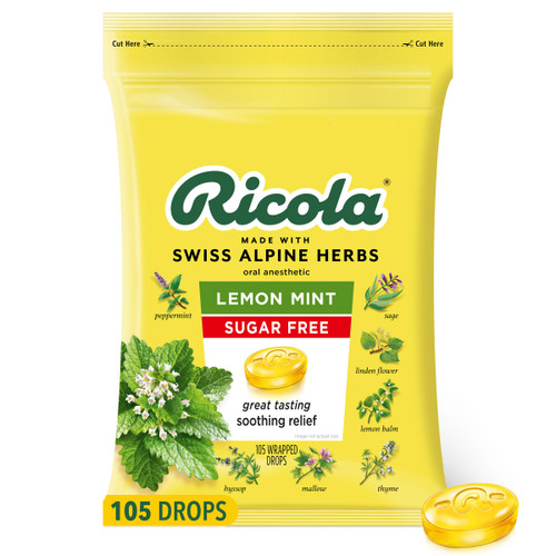 Ricola Sugar Free Lemon Mint Herbal Cough Suppressant Throat Drops, 105ct Bag