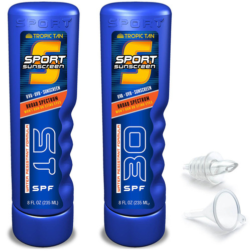 GoPong Sport Bottle Sunscreen Flask 2 Pack (16 oz Total) - Hidden Alcohol Travel Flasks - Secret Liquor Containers for Beaches, Cruises, and Sports Events – Includes Funnel & Spout