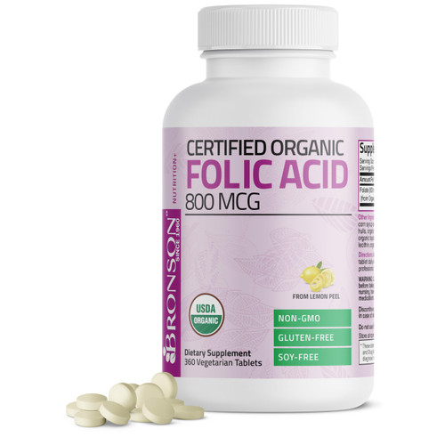 Bronson Organic Folic Acid (Vitamin B9 Folate) 800 mcg Folate from Lemon Peel 360 Tablets