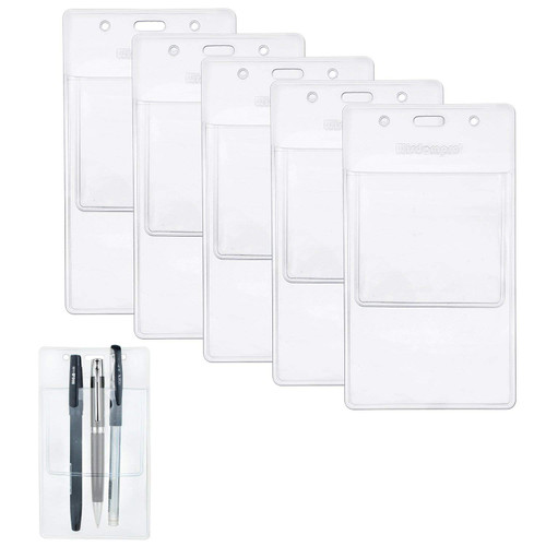 Wisdompro 5 Pack Heavy Duty Pocket Protector for Shirts, Lab Coats, Pants - Multi-Purpose- Holds Pens, Pointers, Cards, and Notes. Top is Pre-Slotted for Lanyard and Has Holes for Nametag - Clear