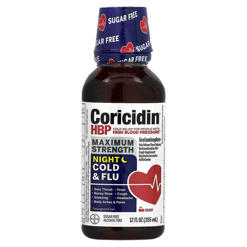 Coricidin HBP Nighttime Multi-Symptom Cold Liquid Cherry, 12 Fl Oz (Pack of 3)