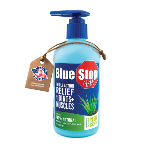 Blue Stop Max Massage Gel for Body Aches, 8 oz Pump Bottle; 3 in 1 Product Relieves Body Aches, Supports Joints and Nourishes The Skin