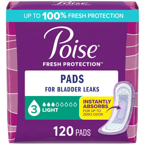 Poise Incontinence Pads & Postpartum Incontinence Pads, 3 Drop Light Absorbency, Regular Length, 120 Count (4 Packs of 30), Packaging May Vary