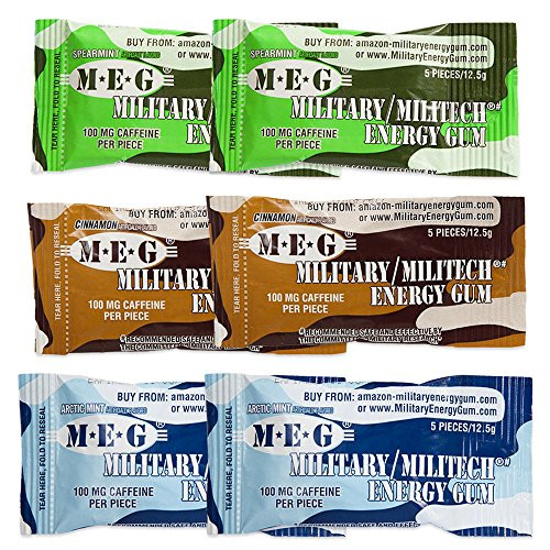 MEG - Military Energy Gum | 100mg of Caffeine Per Piece + Increase Energy + Boost Physical Performance + Multi Flavors of Arctic Mint, Spearmint, & Cinnamon + 6 Packs (30 Count)