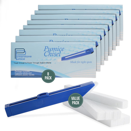 Powerstone Pumice Long Lasting Chisel Sticks - 8 Pack | Refillable Case with 8 Scouring Sticks to Remove Stains, Limescale & Carbon Buildup from Stoves, Ovens, BBQ Grills, Sinks, Tiles, Toilets & More
