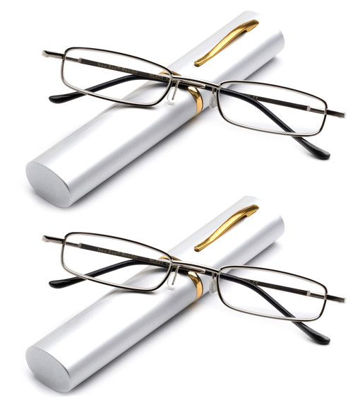 2 Packs Pocket Readers Ultra Slim Compact Tube Reading Glasses in Silver +1.50