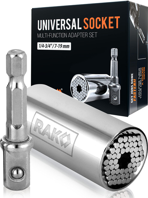 RAK Super Universal Socket Tool, 7-19mm Universal Socket Wrench Set, Gator Grip with Power Drill Adapter Set, Stocking Stuffer, Ideal Cool Gadgets Stuff for Birthday Gifts for Men Dad Husband