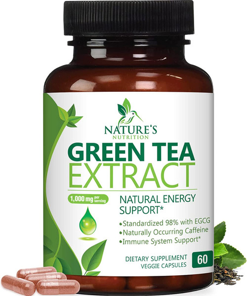 Green Tea Extract Capsules 1000 mg - Standardized 45% EGCG & 98% Polyphenols - 3X Strength Green Tea Pills for Natural Energy - Supports Heart Health, Herbal Supplement, Vegan, Non-GMO - 60 Capsules
