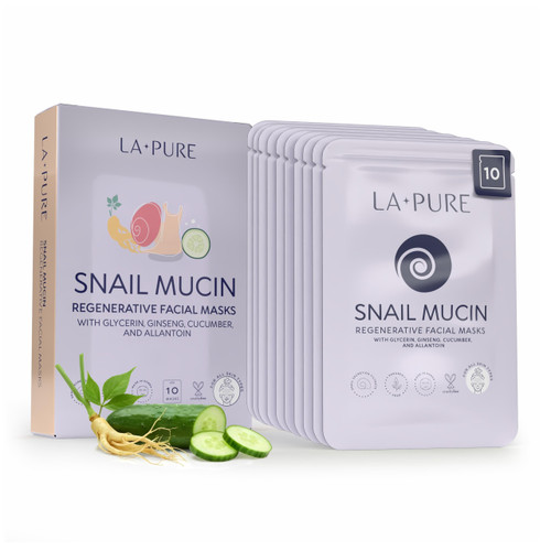 LA PURE Snail Mucin Mask – 10ct Korean Sheet Mask Pack for Signs of Aging, Aid Skin Repair & Hydration – Pure Snail Mask for Face with Collagen & Hyaluronic Acid – Cruelty-Free Hydrating Sheet Mask