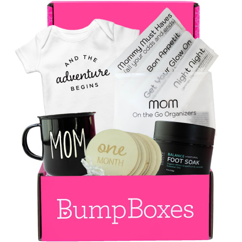 Bump Boxes 3rd Trimester & Postpartum Gift Set for New Moms with Milestone Disc, Baby Onesie, Travel Bags, Ceramic Mug, Organic Foot Soak, Gift for Mother to Be